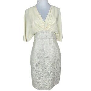 Badgley Mischka Women’s Off-White Silver Metallic Silk V-Neck Party Dress 10/C32